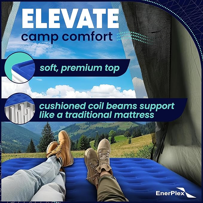 EnerPlex Camping Air Mattress with Built in Pump - Queen Blow Up Mattress for Travel & Guests - Portable Bed for Adults and Kids - Blue