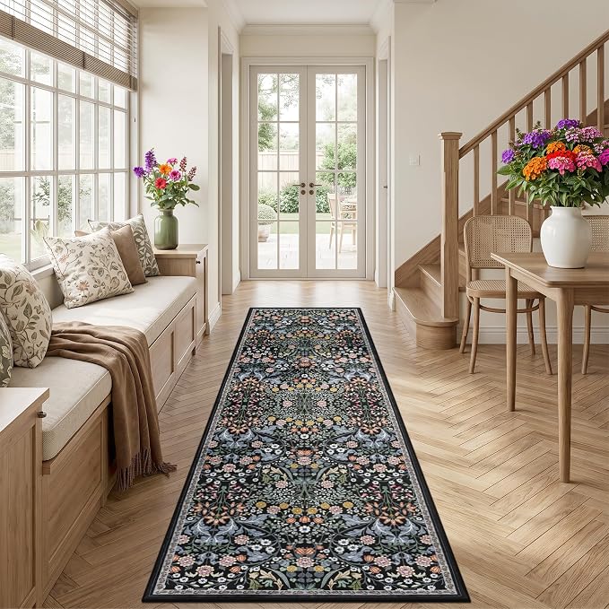 PLHXFR 3x10 Washable Runner Rug：Floral Indoor Kitchen Carpet Dark Black | - Image 3