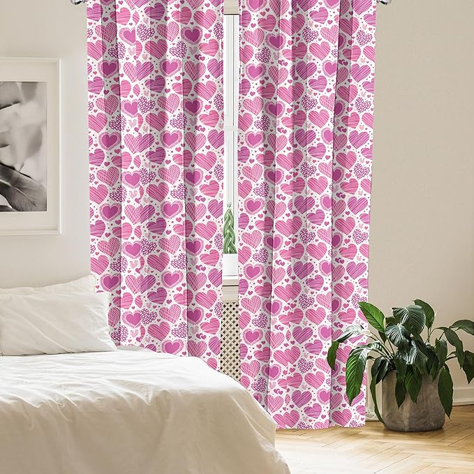 Ambesonne Valentines Window Curtains, Romantic Heart Shapes with Many Different Designs Polka Dots Crossed Lines, Lightweight Decorative Panels Set of 2 with Rod Pocket, 56" x 63", Pink White