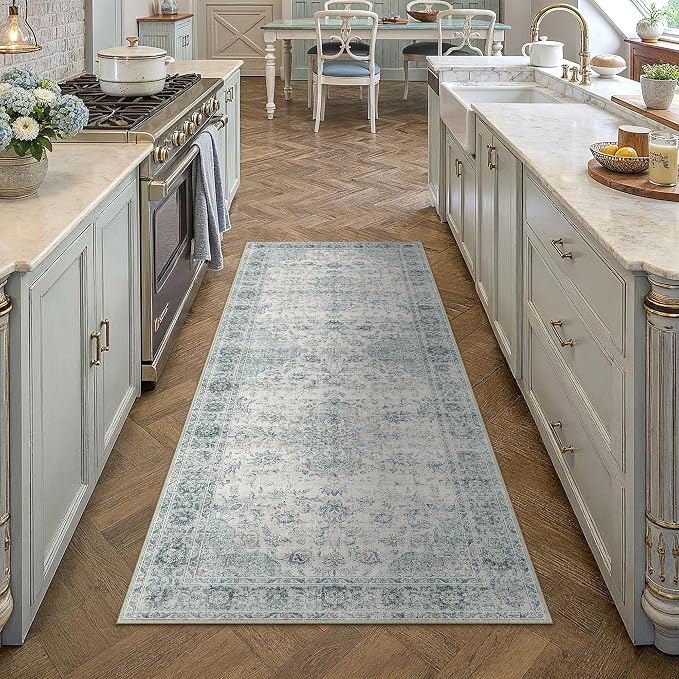 2x6 Light Blue Retro Floral Washable Runner Rug - Image 2