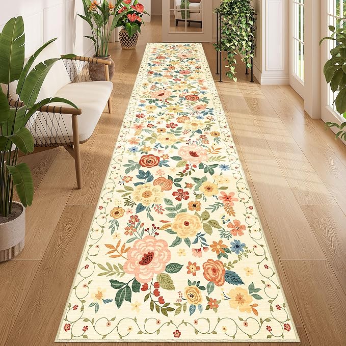 DUKINO 2.6x12 Kitchen Runner Rug, Floral Non Slip Washable Rug Beige Yellow | by DUKINO