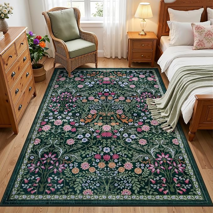 PLHXFR Area Rug Living Room: 3x5 Floral Washable Boho Carpet Dark Green | - Image 2