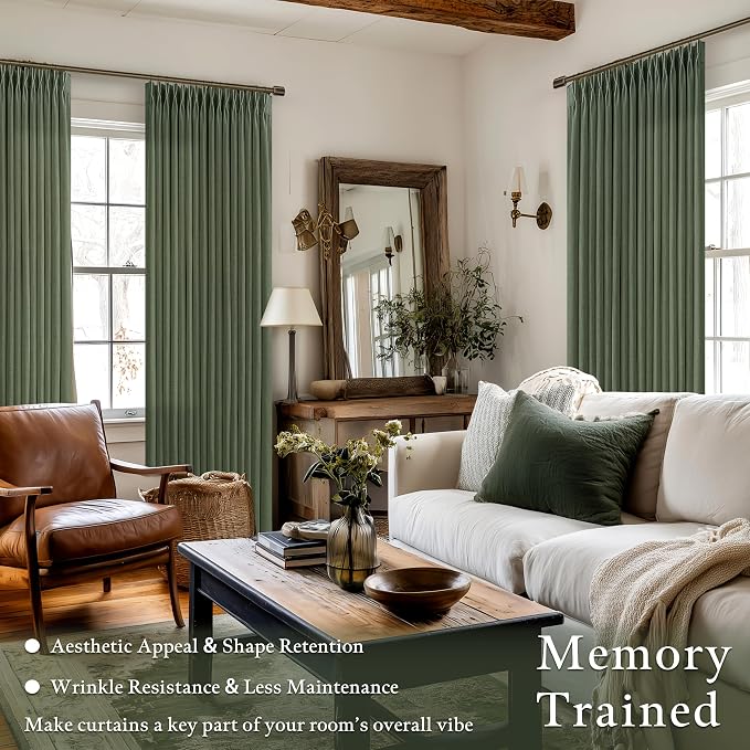 Pinch Pleat Linen Olive Green Semi Sheer Curtains 105 Inch Long | Pleated Thick - Image 2