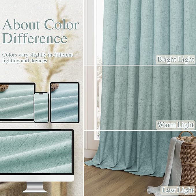 Light Blue 100% Blackout Linen Curtains 108 Inch Length 2 Panels Set - Image 7