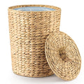 4 Gallons Wicker Waste Basket - Water Hyacinth Bathroom Garbage Can with a Lid - Bathroom Trash Can Boho Style - Wicker Trash Can with Lid for Household, Kitchen - Removable Liner, Iron Frame