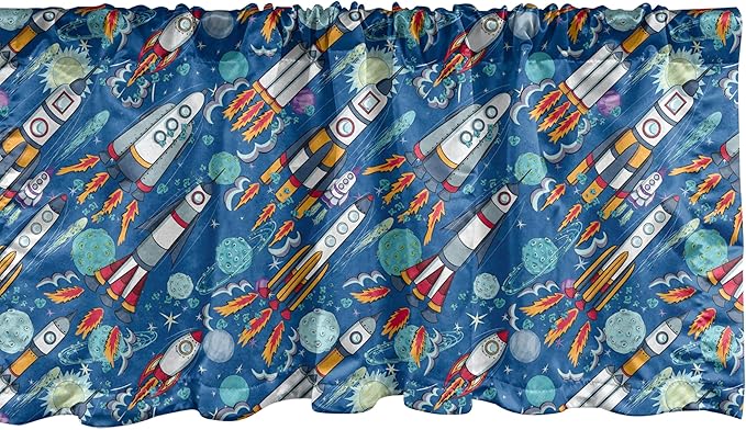 Ambesonne Spaceship Window Valance, Hand-Drawn Cartoon Spaceships Planets and Stars Outer Space Exploration Theme, Curtain Valance for Kitchen Bedroom Decor with Rod Pocket, 54" X 12", Violet Blue