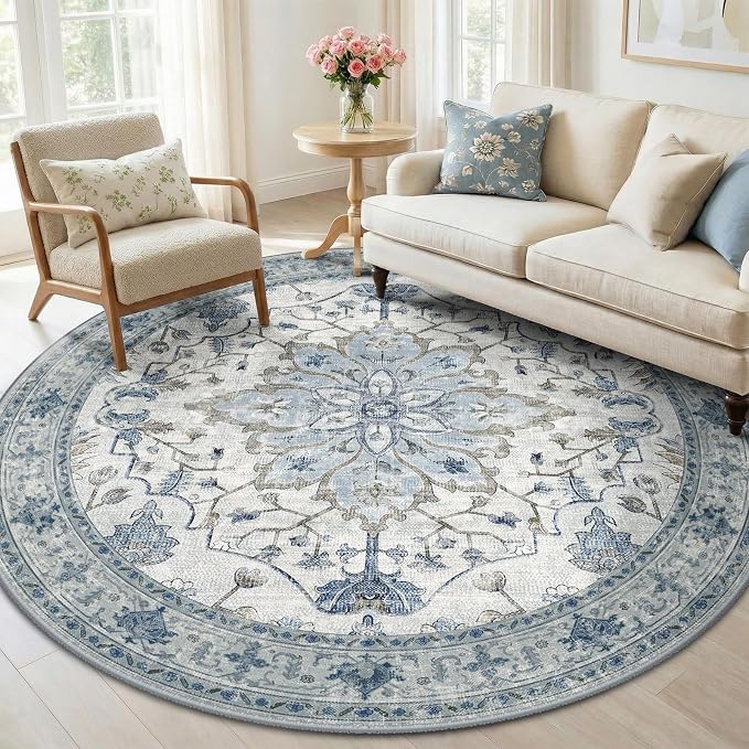 RELEANY Washable Area Rug, Round 6ft, Water Repellent, Pet Friendly, Vintage by RELEANY