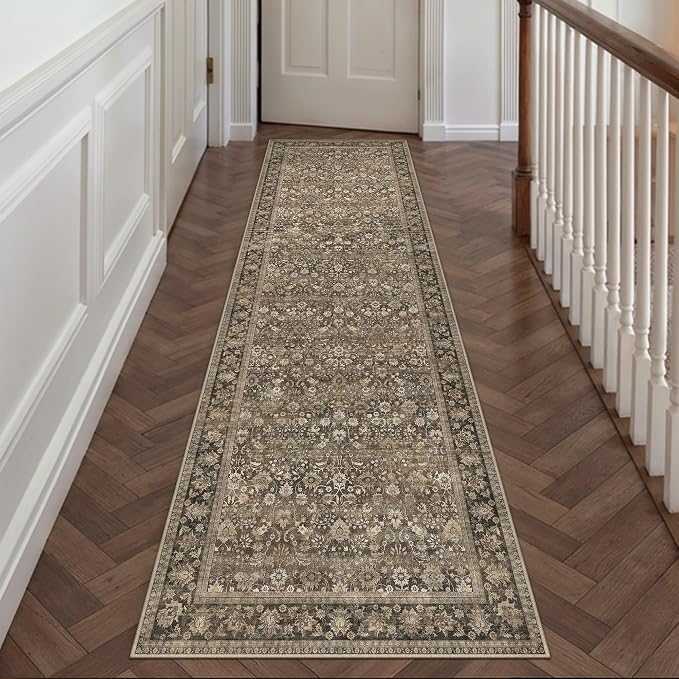 2'6''x12' Brown Vintage Floral Washable Runner Rug by HUGEAR
