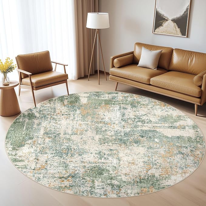 LOONGRUG Round Rug 7x7 Washable Large Neutral Modern Area Rugs Green | Abstract - Image 8