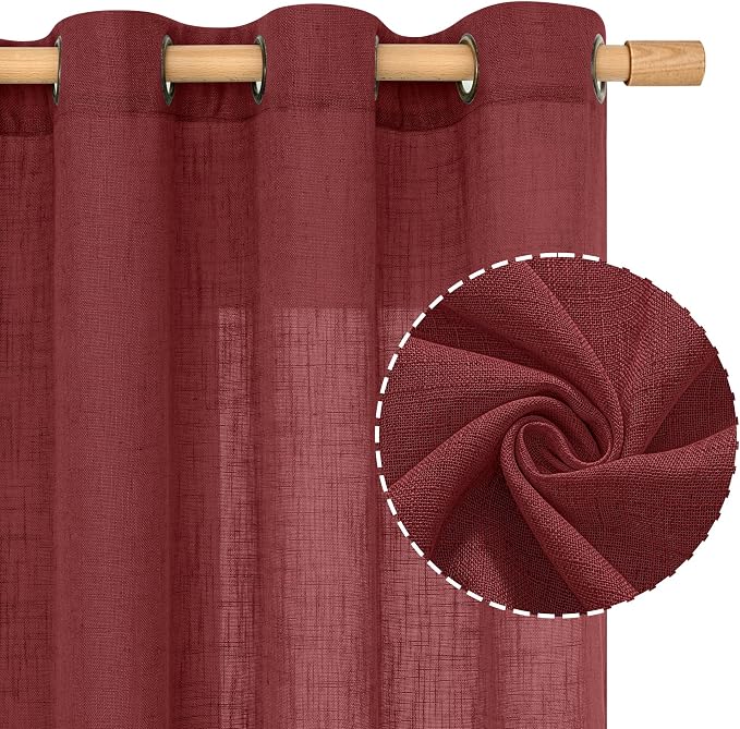 Burgundy Red Sheer Linen Curtains 63 Inch Length, Linen Textured Light - Image 2
