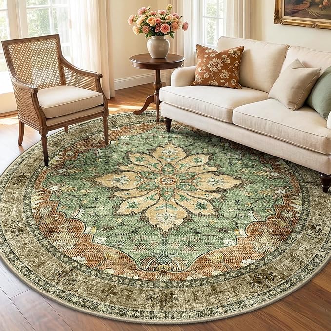 RELEANY Washable Area Rug, Round 6ft, Brick/Brown/Green | Non-Slip, Water by RELEANY