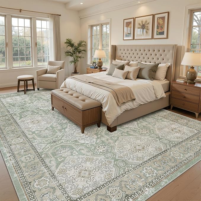 Soalmost 8x10 Area Rugs Large Washable Living Room Rug Non-Slip Green/Brown | - Image 3