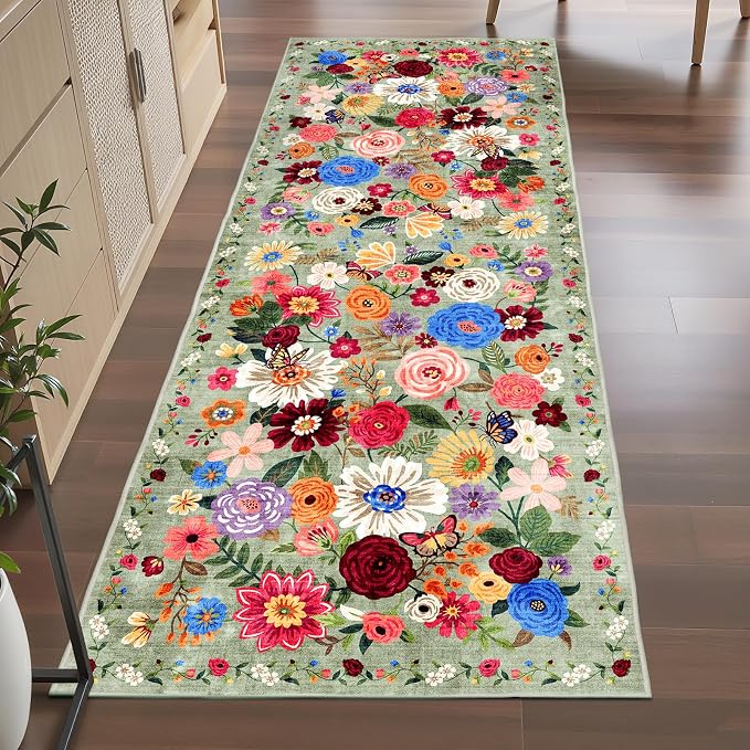 Floral Hallway Runner Rug 2x6 for Bedroom Kitchen | Rubber Backing; Non Slip; by WelcometoBabovid