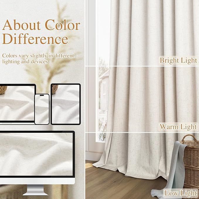 Beige White 100% Blackout Linen Curtains 98 Inch Length 2 Panels Set - Image 7