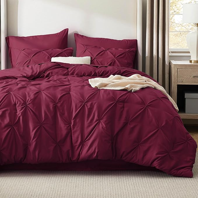 Bedsure King Size Comforter Set Burgundy - Bed in a Bag Bedding Set 7 Pieces, GentleSoft™ Pintuck Bed Set Gift for Family, Pinch Pleat Burgundy Comforter with Sheets, Pillowcases & Shams