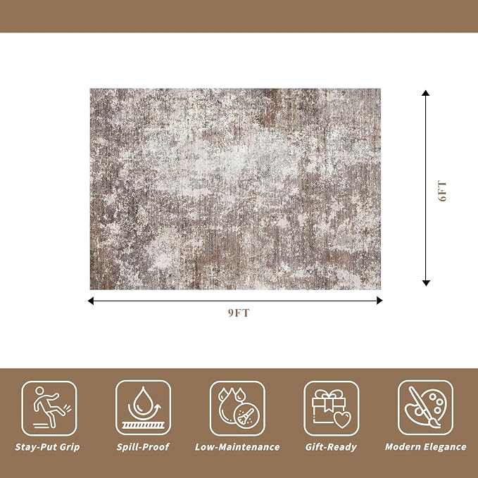 6x9 Area Rug Living Room Washable Neutral Brown Beige | Soft Low Pile Non Slip - Image 2