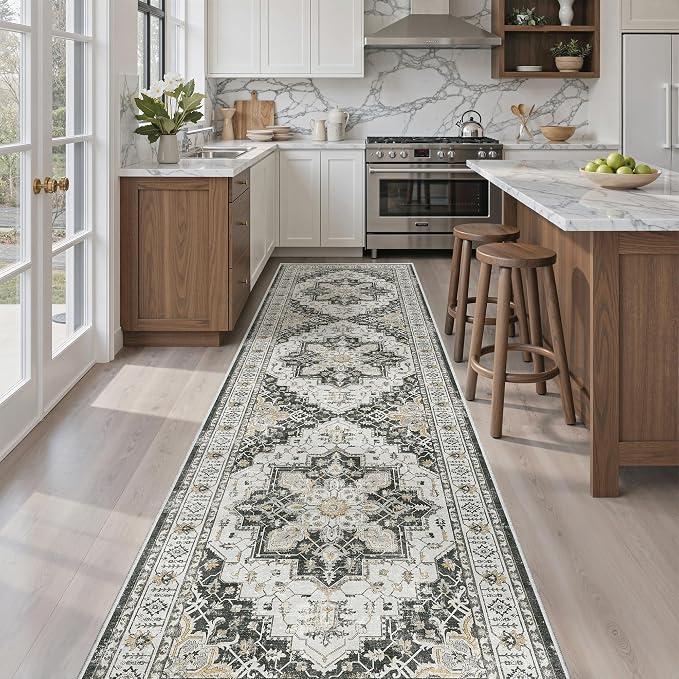 Madane Hallway Runner Rug 2'6''x10' Black, Washable Vintage Kitchen Runners | - Image 2