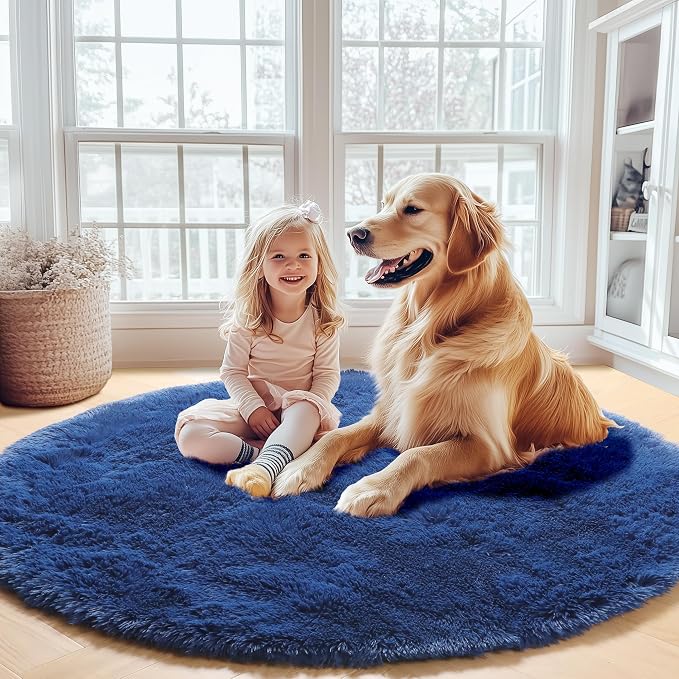 Navy Blue Round Rugs 6ft for Living Room Bedroom, Fluffy Circle Area Rug for - Image 7