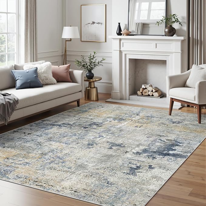 Soalmost Abstract Area Rug 6x9 for Living Room Washable Rugs Blue/Yellow | - Image 2