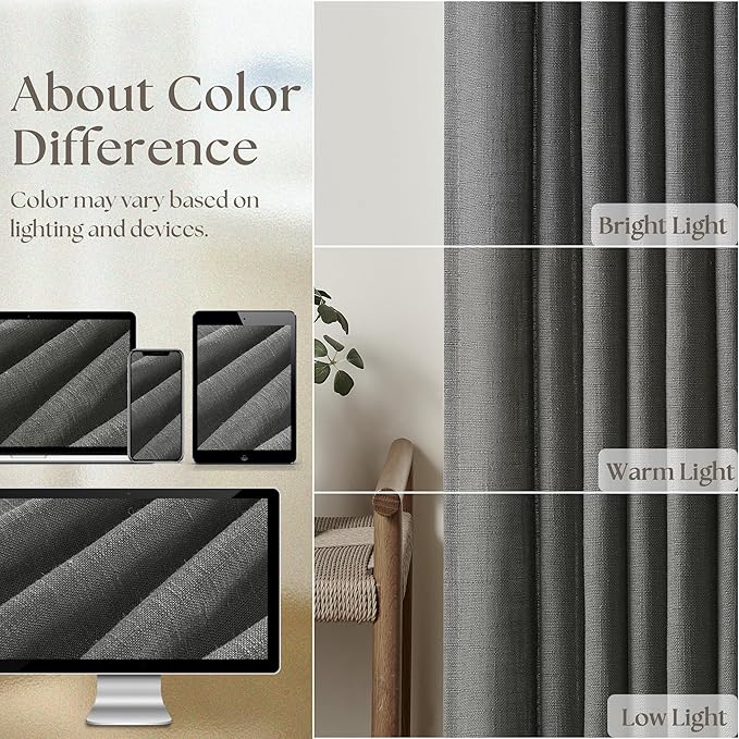 Dark Gray Linen Pinch Pleated Light Filter Curtains 96 Inches Long 2 Panels | - Image 4