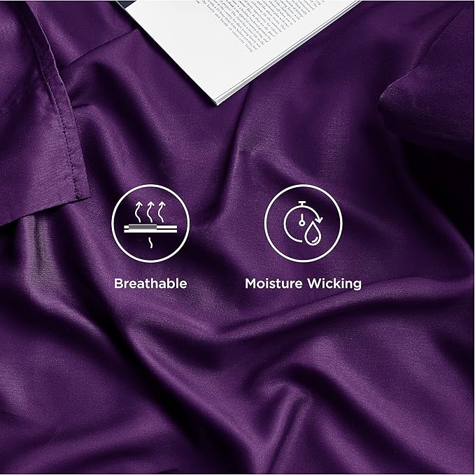 Bedsure Queen Sheet Set, Rayon Derived from Bamboo, Cooling Sheets, Breathable & Soft, Deep Pocket Up to 16 Inches, Hotel Luxury Silky Bedding for Hot Sleepers, Plum