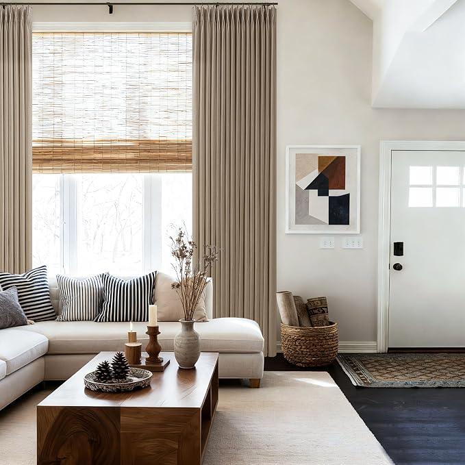 Latte Brown Pinch Pleated Thick Linen Semi Sheer Curtains 108 Inches Long | - Image 7