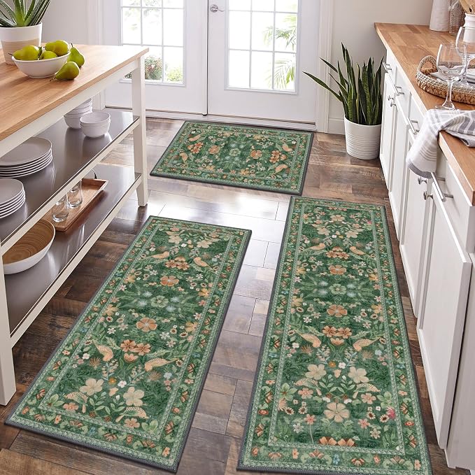 HEBE Boho Kitchen Rugs Set of 3, Non Slip Washable Kitchen Mats by HEBE