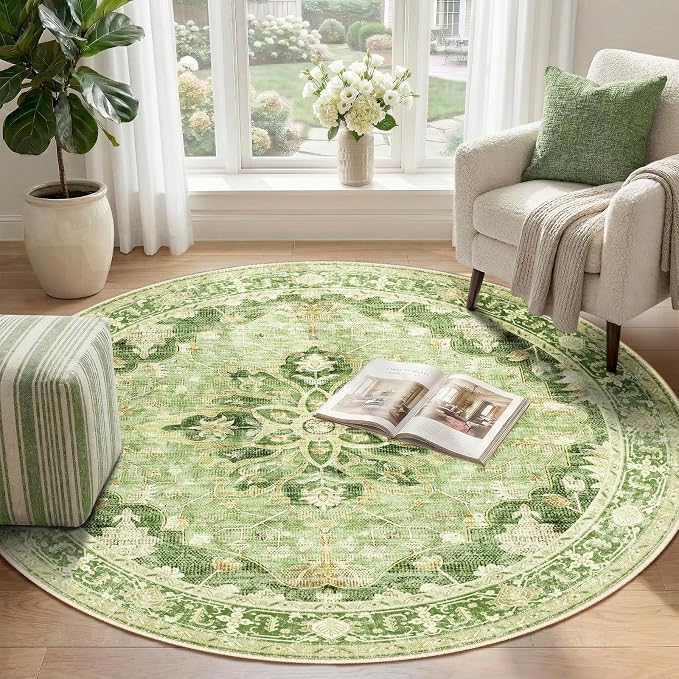 RELEANY Washable Area Rug, Round 4ft, Water Repellent, Pet Friendly, Vintage - Image 2