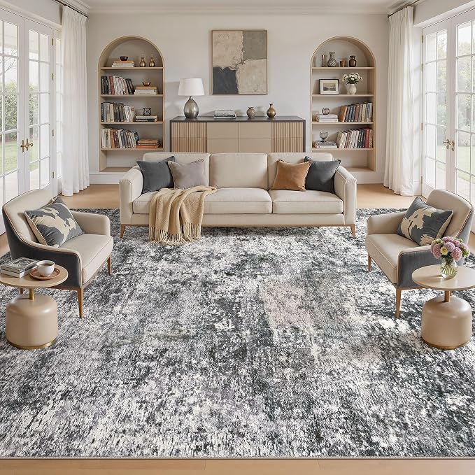 DMOYEST Area Rug Living Room Rugs 10x14 Washable Abstract Grey Carpet | Neutral - Image 9