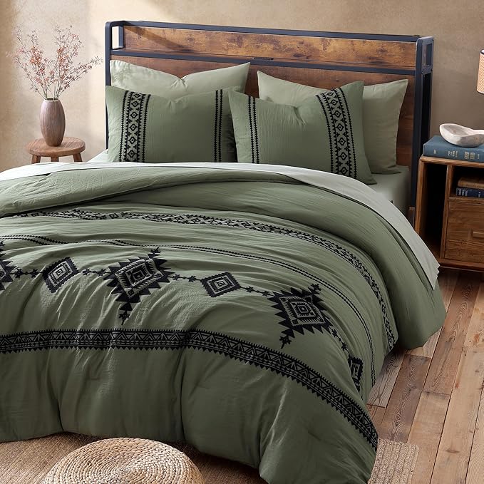MaiRêve Olive Green Embroidery Comforters Set Queen Size - 7 Pieces, Farmhouse Western Bedding All Season Bed in A Bag Queen, Boho Comforter Set with Sheets, Pillowcases & Shams