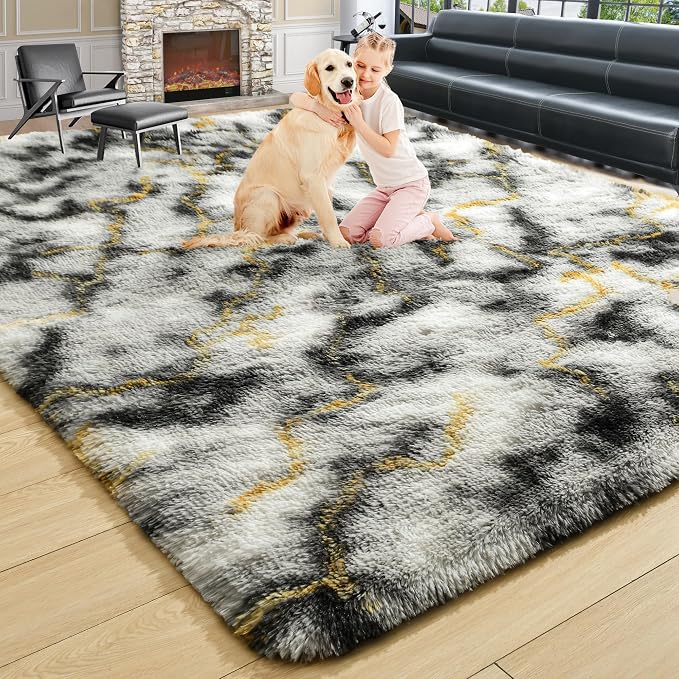 4x6 Grey and Gold Fluffy Soft Area Rug Non-Slip by ModernHomeDecor