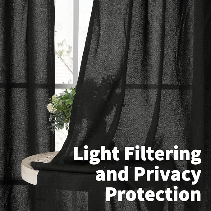 YoungsTex Black Linen Semi Sheer Curtains 42 x 63 Inch Length 2 Panels | Light - Image 2