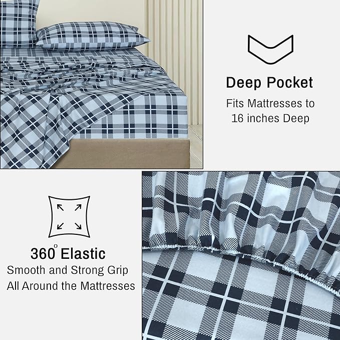 RUVANTI Flannel Sheets King Size - 100% Cotton Brushed King Size Sheets Set - Deep Pockets 16 Inches Bed Sheets - All Seasons Breathable & Extra Soft - Warm & Cozy, 4 Piece, Illusion Check