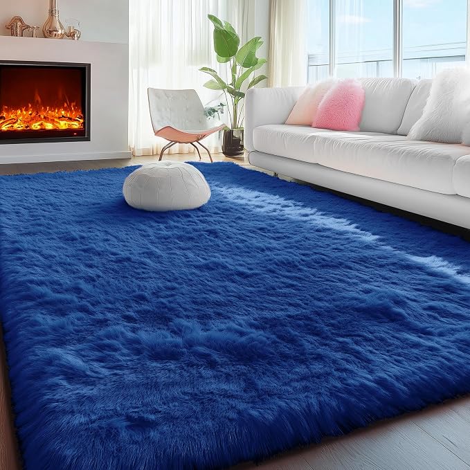 Fluffy Navy Rugs for Bedroom 4x6 Ft Soft Shaggy Blue Carpet for Living Room | - Image 4