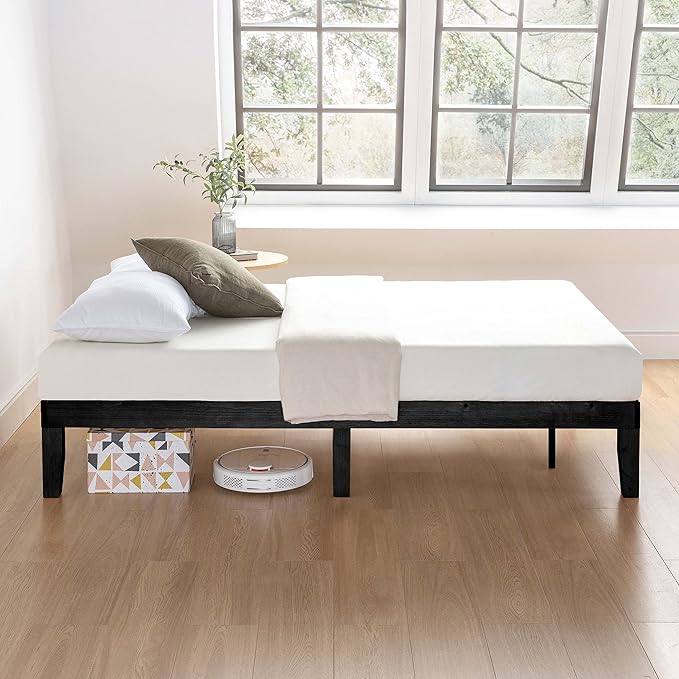 Mellow Naturalista Classic 12 Inch Solid Wood Platform Bed with Wooden Slats, King, Black