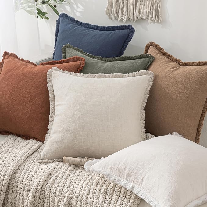 MIULEE Linen Fringe Decorative Throw Pillow Covers Light Olive Green 20x20 | - Image 6