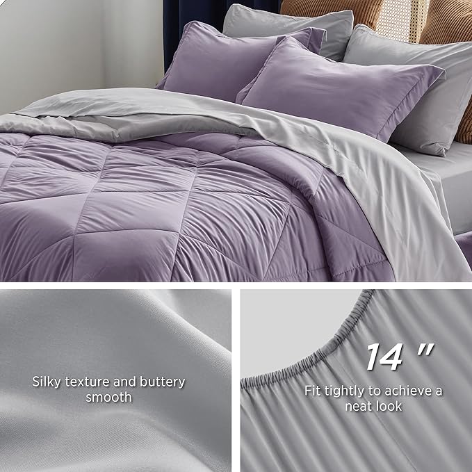 Bedsure Twin XL Comforter Set - 5 Pieces Reversible Grayish Purple Bedding, Twin XL Size Bed Set for All Seasons, Bed in a Bag with Down Alternative Comforter, Sheets, Pillowcase & Sham