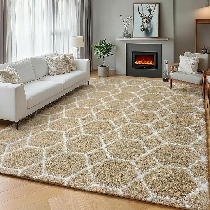 Area Rugs for Bedroom Living Room, 4x6 Fluffy Beige and White Geometric Rug | - Image 5