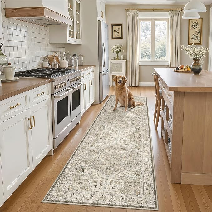 Madane Hallway Runner Rug 2x8 Washable Kitchen Rugs Non-Slip, Ivory/Brown | by Madane