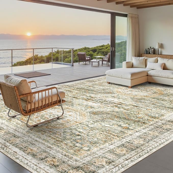 Soalmost Washable Area Rug 8x10 Large Soft Living Room Rugs Green/Orange | by Soalmost