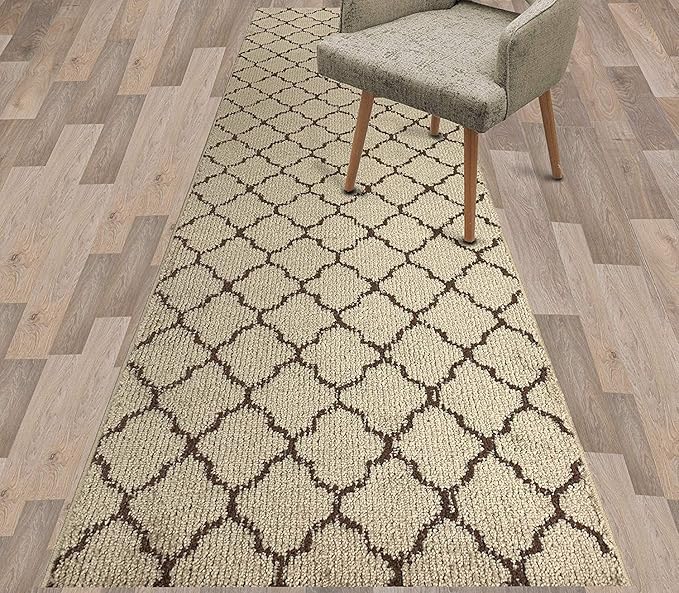 Custom Size Modern Runner Rug Carpet for Hallway Entryway Foyer Kitchen, Slip Resistant Latex Rubber Backed 31 inch Wide X Customized Length, Trellis Beige, 31 inch X 6 feet