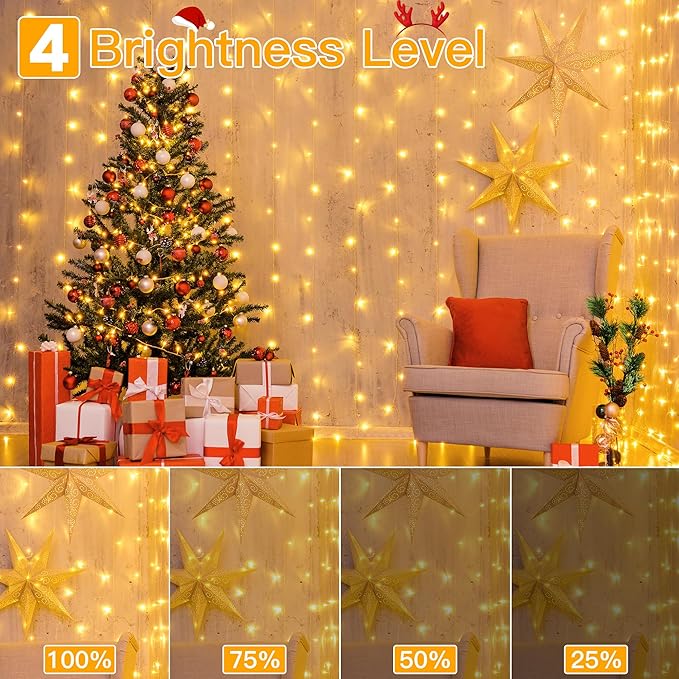 Ollny 2 Pack Curtain String Lights Warm White, 400LED 6.6x6.6ft Fairy Lights With Remote 8 Modes, Hanging Outdoor Waterproof, USB Power Wall for Bedroom Indoor Backdrop Window