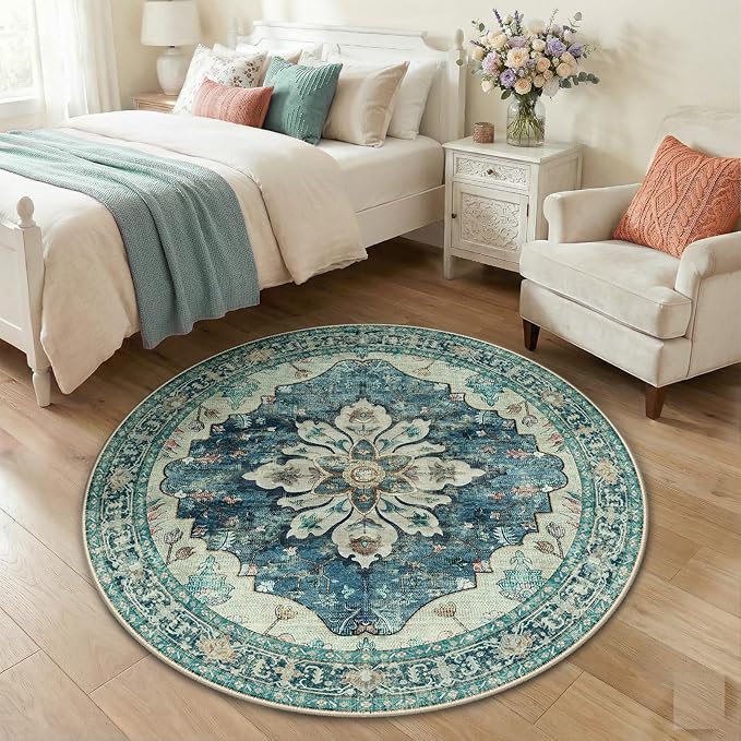 RELEANY Washable Area Rug, Round 4ft, Water Repellent, Pet Friendly, Vintage by RELEANY