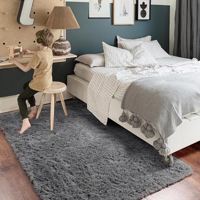 Amdrebio Grey Fluffy Fuzzy Area Rug 4x6 - Image 3