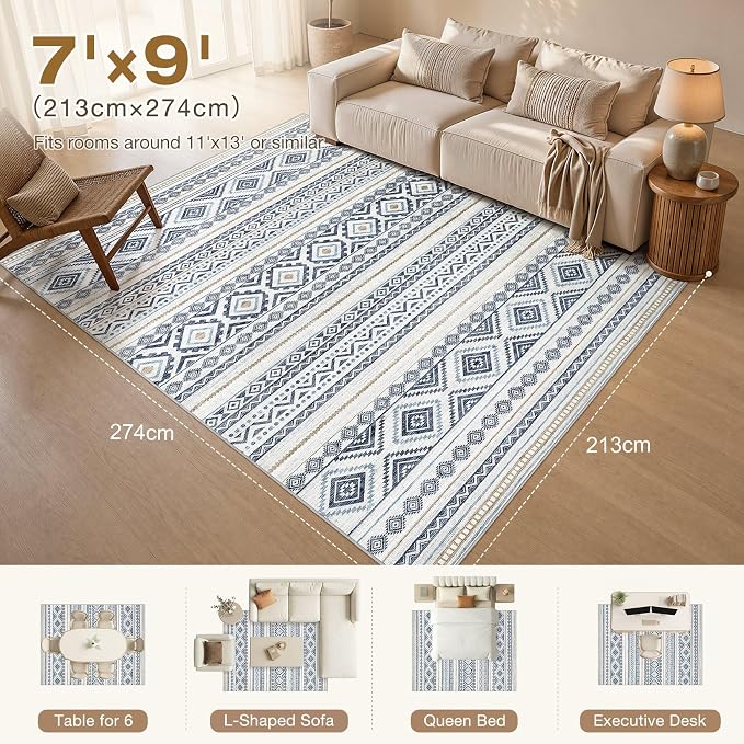 cotiled Boho 7x9 Area Rug for Living Room: Large Moroccan Washable Rug | Solve - Image 2