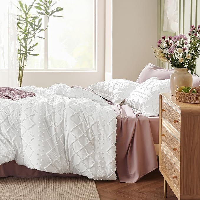 Bedsure Full Comforter Set - Grayish Purple Comforter, Boho Tufted Shabby Chic Bedding for Kids, 3 Pieces Vintage Farmhouse Bed Set for All Seasons, Fluffy Soft Bedding with 2 Pillow Shams