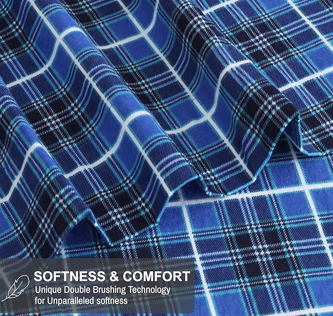 RUVANTI Flannel Sheets California King Size - 100% Cotton Brushed Cal King Bed Sheets Set - Deep Pockets 14 Inches - All Seasons Breathable & Extra Soft - Warm & Cozy, 4 Piece, Blue Plaid