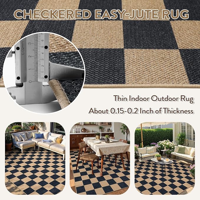 Lahome Checkered Easy Jute 6x9 Area Rugs, Outdoor Patio Rug Washable | - Image 5