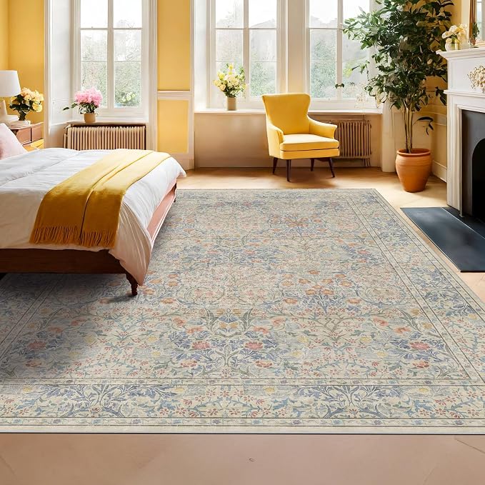 Washable Light Blue Non Slip Bedroom Rug, 8x12 Large Area Rug by HazoHaus