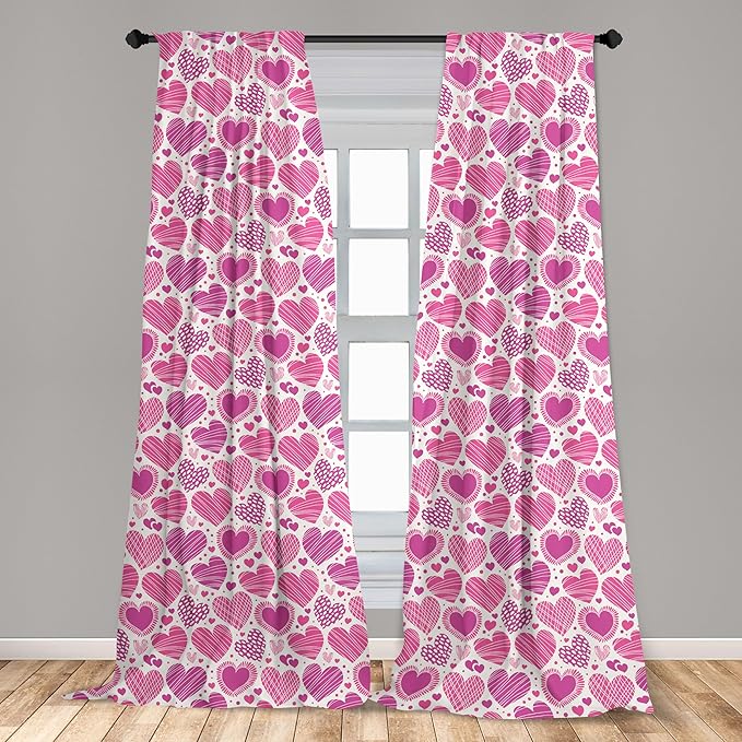 Ambesonne Valentines Window Curtains Pack of 2, Romantic Heart Shapes with Many Different Designs Polka Dots Crossed Lines, Lightweight Set with Rod Pocket, 4 Panels of - 28" x 84", Pink White